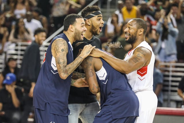 D'Angelo Russell, Don Benjamin, Tank celebrate after Bone Collector crossed up Mac Miller. Credit: Cassy Athena