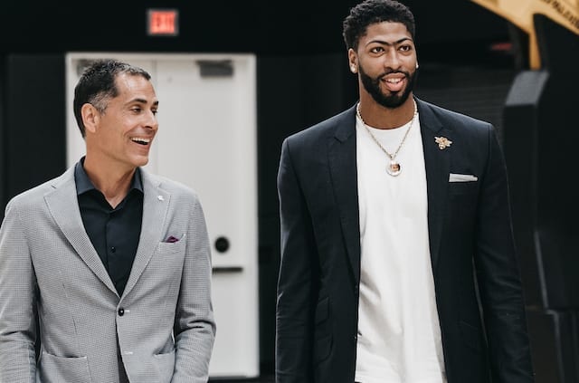 Anthony Davis and Los Angeles Lakers general manager Rob Pelinka arrive for the introductory press conference
