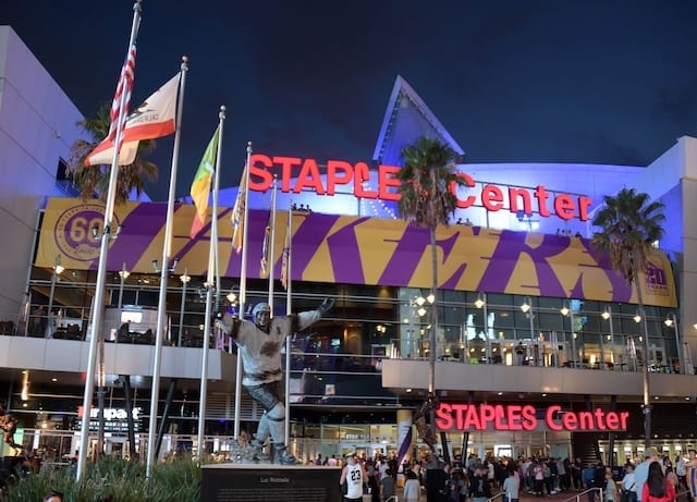 Exterior view of Staples Center before a Los Angeles Lakers home game