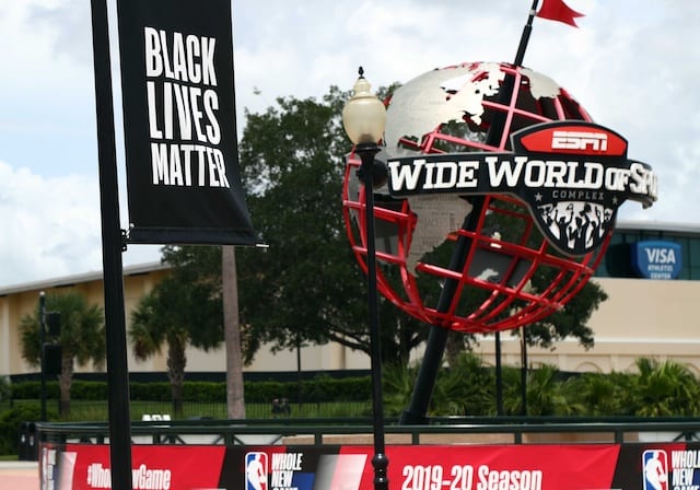 ESPN World Wide of Sports Complex logo, Black Lives Matter banner, NBA restart