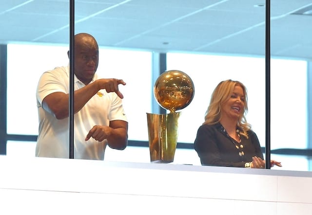 Jeanie Buss, Magic Johnson, Lakers championship trophy