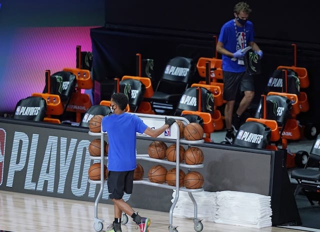 Basketballs, ball rack, cleaning bench, 2020 NBA Playoffs