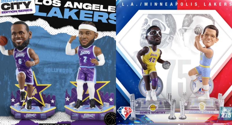 Carmelo Anthony, LeBron James, George Mikan, James Worthy, Lakers bobbleheads, FOCO