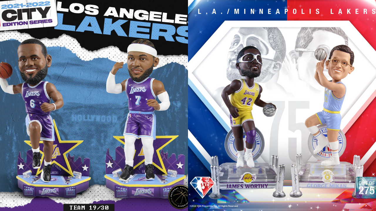 FOCO Selling Lakers City Edition Bobbleheads Of LeBron James & Carmelo  Anthony; James Worthy, George Mikan 75th Anniversary Models