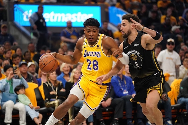 Los Angeles Lakers forward Rui Hachimura (28) reacts during the second half  of Game 5 of an NBA basketball second-round playoff series against the  Golden State Warriors Wednesday, May 10, 2023, in