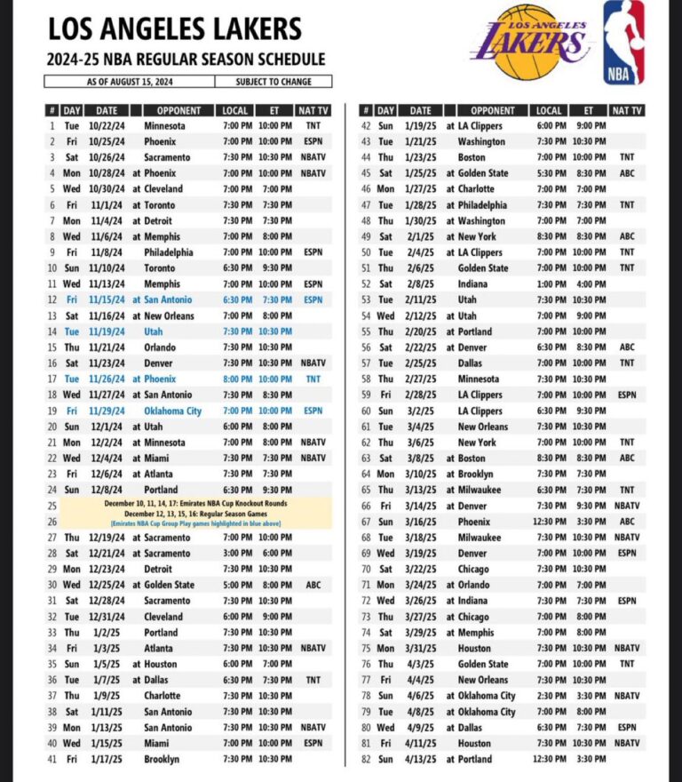 Official 20242025 Los Angeles Lakers Regular Season Schedule